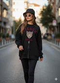 Fermuarlı Leopar Baskılı Oversize Siyah Sweat thumbnail 2