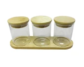 Bambu Standlı 3’lü Mini Baharatlık Seti – Vakum Kapaklı | Kavanoz 7x6 cm | Stand 22x7 cm thumbnail 1