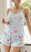 Kadın Bebek Mavisi Çiçek Desenli Askılı Şortlu Pijama Takım 5011 thumbnail 2