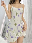 Kadın Beyaz Çiçekli Desenli Askılı Gecelik 5109 thumbnail 1