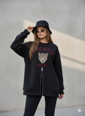 Fermuarlı Leopar Baskılı Oversize Siyah Sweat thumbnail 8
