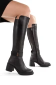 Siyah Hakiki Deri Lastikli Kalın Topuk Kadın Çizme Sun444 thumbnail 3