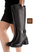 Siyah Hakiki Deri Lastikli Kalın Topuk Kadın Çizme Sun444 thumbnail 1
