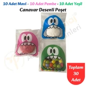 30 Adet Mavi-Pembe-Yeşil Renkli Canavar Desenli Cake Pop & Kurabiye Poşeti-10x15 cm thumbnail 1