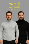 Erkek Fitilli Triko Kazak 2'li Set Gri Siyah Regular Balıkcı Yaka Tam Boğazlı Triko Seti Modeli Kazak thumbnail 1