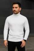 Erkek Fitilli Triko Kazak 2'li Set Beyaz Siyah Regular Balıkcı Yaka Tam Boğazlı Triko Seti Modeli Kazak thumbnail 3
