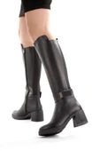 Siyah Hakiki Deri Lastikli Kalın Topuk Kadın Çizme Sun444 thumbnail 4