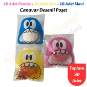 30 Adet Pembe-Sarı-Mavi Renkli Canavar Desenli Cake Pop & Kurabiye Poşeti-10x15 cm thumbnail 1