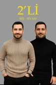 Erkek Fitilli Triko Kazak 2'li Set Bej Siyah Regular Balıkcı Yaka Tam Boğazlı Triko Seti Modeli Kazak thumbnail 1