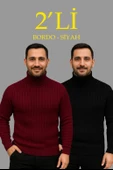 Erkek Fitilli Triko Kazak 2'li Set Bordo Siyah Regular Balıkcı Yaka Tam Boğazlı Triko Seti Modeli Kazak thumbnail 1