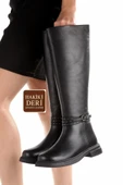 Siyah Hakiki Deri Topuksuz Günlük Kadın Çizme Vildo thumbnail 1