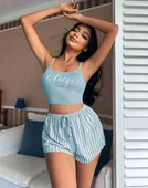 Kadın Mavi Çizgili Desenli Askılı Şortlu Pijama Takım 5001 thumbnail 1