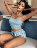 Kadın Mavi Çizgili Desenli Askılı Şortlu Pijama Takım 5001 thumbnail 3