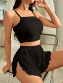 Kadın Siyah Yandan Yırtmaçlı Askılı Şortlu Pijama Takım 5041 thumbnail 2