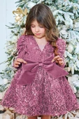 Kız Çocuk V Yaka Üzeri Pulpayet İşlemeli Eteği Kabarık Kadife Pudra Abiye thumbnail 2
