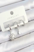 Pirinç Zirkon Taşlı Güneş Model Gümüş Renk 3'lü Çift Kadın Küpe Set - TJ-BKP10799 thumbnail 1