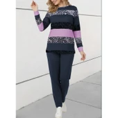 Lucky Life Kadın Uzun Kollu Bisiklet Yaka çizgili Desen Iki Iplik Bluz Ve Pantolon Ikili Takım thumbnail 2