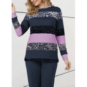 Lucky Life Kadın Uzun Kollu Bisiklet Yaka çizgili Desen Iki Iplik Bluz Ve Pantolon Ikili Takım thumbnail 1