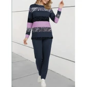 Lucky Life Kadın Uzun Kollu Bisiklet Yaka çizgili Desen Iki Iplik Bluz Ve Pantolon Ikili Takım thumbnail 4