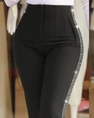 Lucky Life Kadın Yüksek Bel Yanlardan Taş Detaylı Ithal Krep Pantolon thumbnail 1