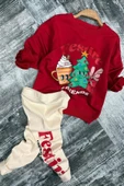 Kız Çocuk Friends Yazı ve Noel Ağacı Detaylı Kırmızı Taytlı Takım thumbnail 3