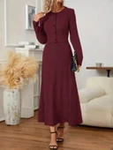 Lucky Life Kadın Uzun Kollu önden Düğmeli Bluz Ve Yüksek Bel A Kesim Uzun Etek şardonlu Kaşkorse Ikili Takım thumbnail 1