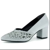 Erkan Saçmacı Patricia Gümüş Saten Taşlı Fileli Sivri Burun Kalın Topuklu Klasik Ayakkabı thumbnail 1