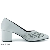 Erkan Saçmacı Patricia Gümüş Saten Taşlı Fileli Sivri Burun Kalın Topuklu Klasik Ayakkabı thumbnail 2