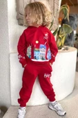 Kız Erkek Çocuk Kar Tanesi ve Bina Digital Baskılı Yazı Detaylı Christmas Kırmızı Eşofman Takım thumbnail 3