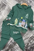Kız Erkek Çocuk Kar Tanesi ve Bina Digital Baskılı Yazı Detaylı Christmas Yeşil Eşofman Takım thumbnail 1