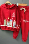 Kız Erkek Çocuk Kar Tanesi ve Bina Digital Baskılı Yazı Detaylı Christmas Kırmızı Eşofman Takım thumbnail 5