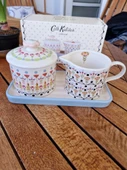 Cath Kidston Çok Renkli ve Çiçekli Sütlük ve Şekerlik Uzun Pastel Pembe Çizgili Porselen Tabak Seti thumbnail 4