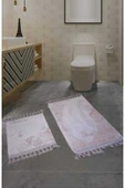 2li Peluş Saçaklı Dokuma Tabanlı Banyo Takımı Pembe thumbnail 1