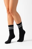 Kadın 2’li Tenis Çorabı – Siyah Beyaz Çizgili Spor Çorap – Nefes Alabilir Rahat Konçlu thumbnail 1