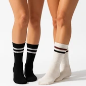 Kadın 2’li Spor Tenis Çorabı – Siyah ve Beyaz Çizgili Model thumbnail 1