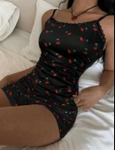 Amora Secret Siyah Üstüne Kiraz Desenli Dantel İşlemeli Askılı Şortlu Pijama Takımı thumbnail 2