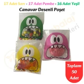 50 Adet Sarı-Pembe-Yeşil Renkli Canavar Desenli Cake Pop & Kurabiye Poşeti-10x15 cm thumbnail 1
