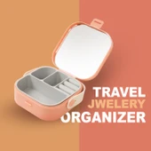 Mini Takı Kutusu Ayna ve 4 Bölmeli Seyahat Düzenleyici – Kolye, Küpe, Yüzük Saklama Kutusu Gri thumbnail 5