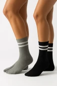 Kadın 2’li Tenis Çorabı Seti – Gri & Siyah Çizgili Spor Çorap – Pamuklu Nefes Alabilir thumbnail 1