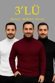 Erkek Fitilli Triko Kazak 3'lÜ Set Beyaz Bordo Siyah Regular Balıkcı Yaka Tam Boğazlı Triko Seti Modeli Kazak thumbnail 1