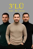 Erkek Fitilli Triko Kazak 3'lÜ Set Bej Haki Siyah Regular Balıkcı Yaka Tam Boğazlı Triko Seti Modeli Kazak thumbnail 1