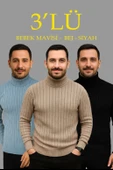 Erkek Fitilli Triko Kazak 3'lÜ Set Bebek Mavisi Bej Siyah Regular Balıkcı Yaka Tam Boğazlı Triko Seti Modeli Kazak thumbnail 1