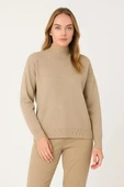 Kadın Yarım Boğaz Triko Kazak yumuşak dokulu Pamuklu ince Dokuma, uzun kollu Rahat Regular kalıp - Bej thumbnail 1
