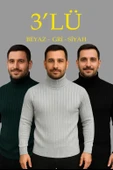 Erkek Fitilli Triko Kazak 3'lÜ Set Gri Haki Siyah Regular Balıkcı Yaka Tam Boğazlı Triko Seti Modeli Kazak thumbnail 1