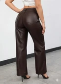 Kadın Yüksek Bel Cepli Deri Pantolon thumbnail 3