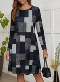 Kadın Uzun Kollu Yuvarlak Yaka Geometrik Süprem Elbise thumbnail 3