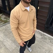 Erkek Fitilli Polar weatshirt – Düğmesiz Polo Yaka, Oversize Rahat Kalıp, Kalın Polar Kumaş, Kışlık Ve Baharlık Şık Günl thumbnail 3