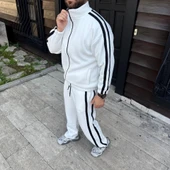 Erkek Çift Şeritli Eşofman Takım Dik Yaka Fermuarlı weatshirt Boru Paça Alt, Oversize 3 Iplik Pamuklu  Beyaz thumbnail 3