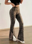 Kadın Yüksek Bel Leopar Desenli Yırtmaçlı Dalgıç Tayt thumbnail 5