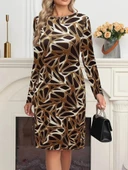 Kadın Uzun Kollu Bisiklet Yaka Desenli Dalgıç Kısa Elbise thumbnail 3